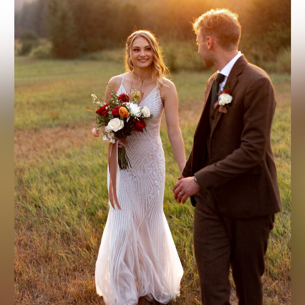 David's Bridal Beaded Sheath V-Neck Wedding Dress with Godets